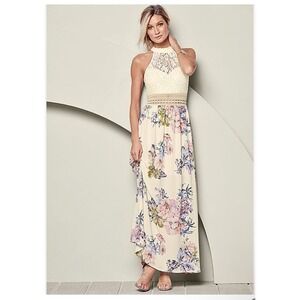Venus Floral Maxi Dress Womens 4 Cream Lace‎ Halter Sleeveless Party Cocktail